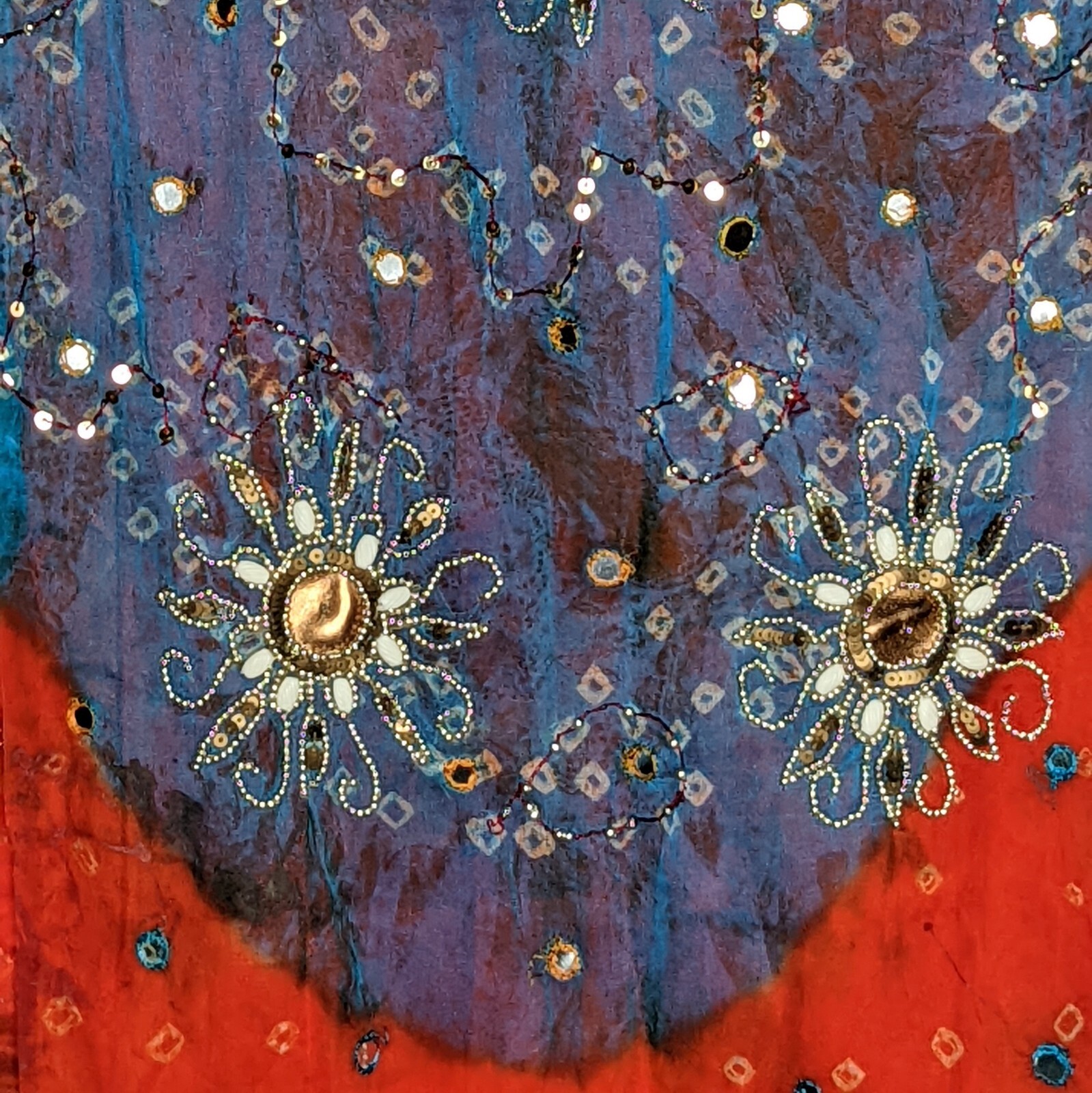 Indian Kurti Tunic Top Dress Women’s Sz 38 Red Blue Short Sleeves Bells Lined