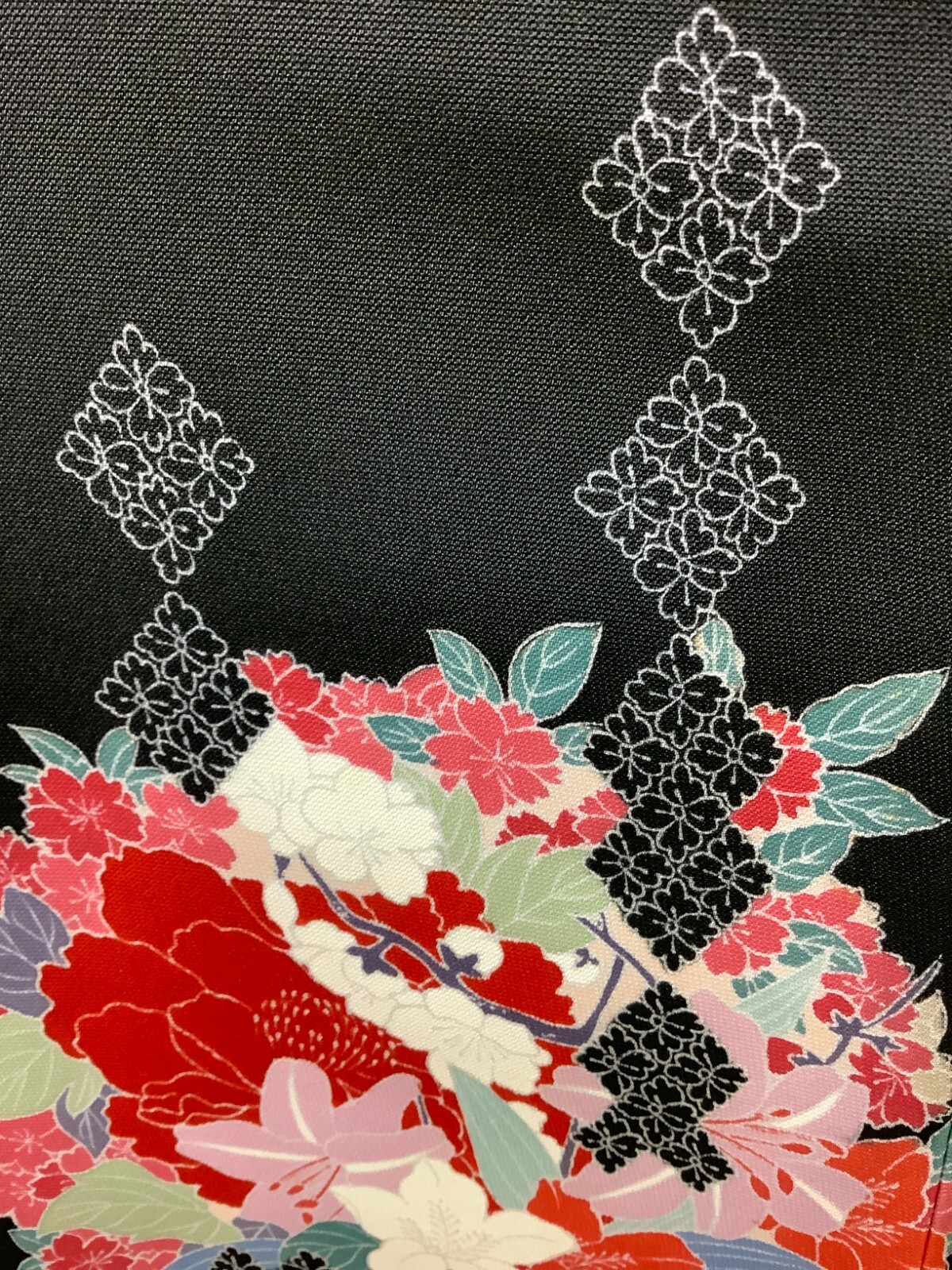 Japanese Vintage Kimono Haori Jacket polyester black flower Height 33.4inch