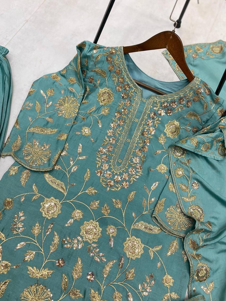 Luxury Chinon Sequence Embroidered Palazzo Set with Dupatta | Wedding Collection