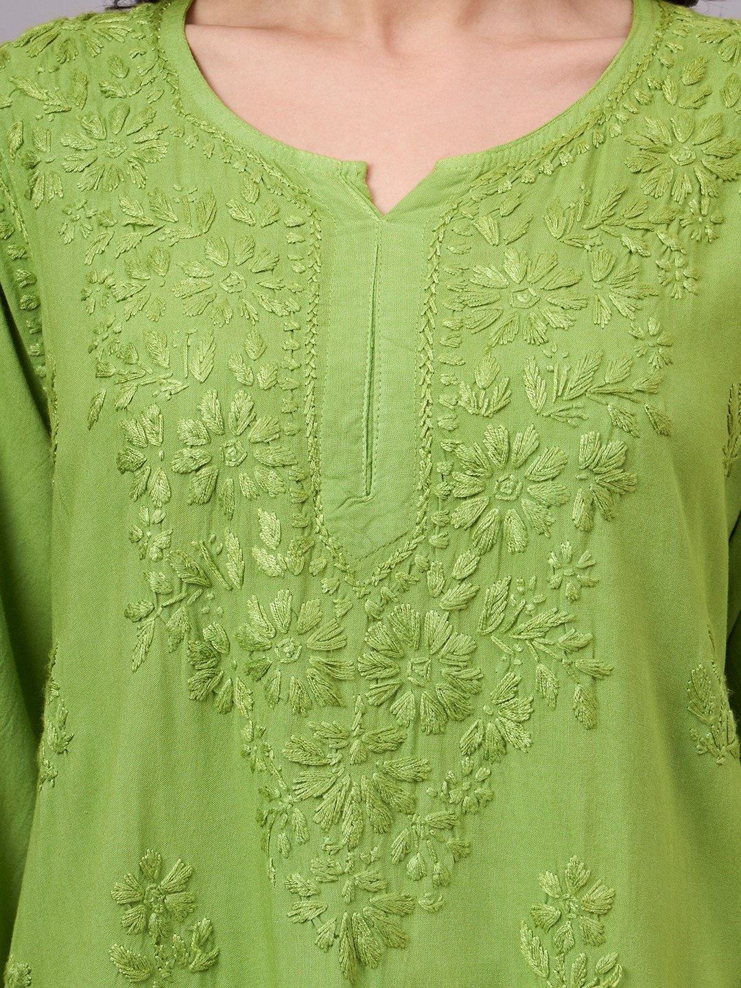 Women’s Rayon Chikankari Short Kurta Green, Lucknowi Chikankari, Handwork