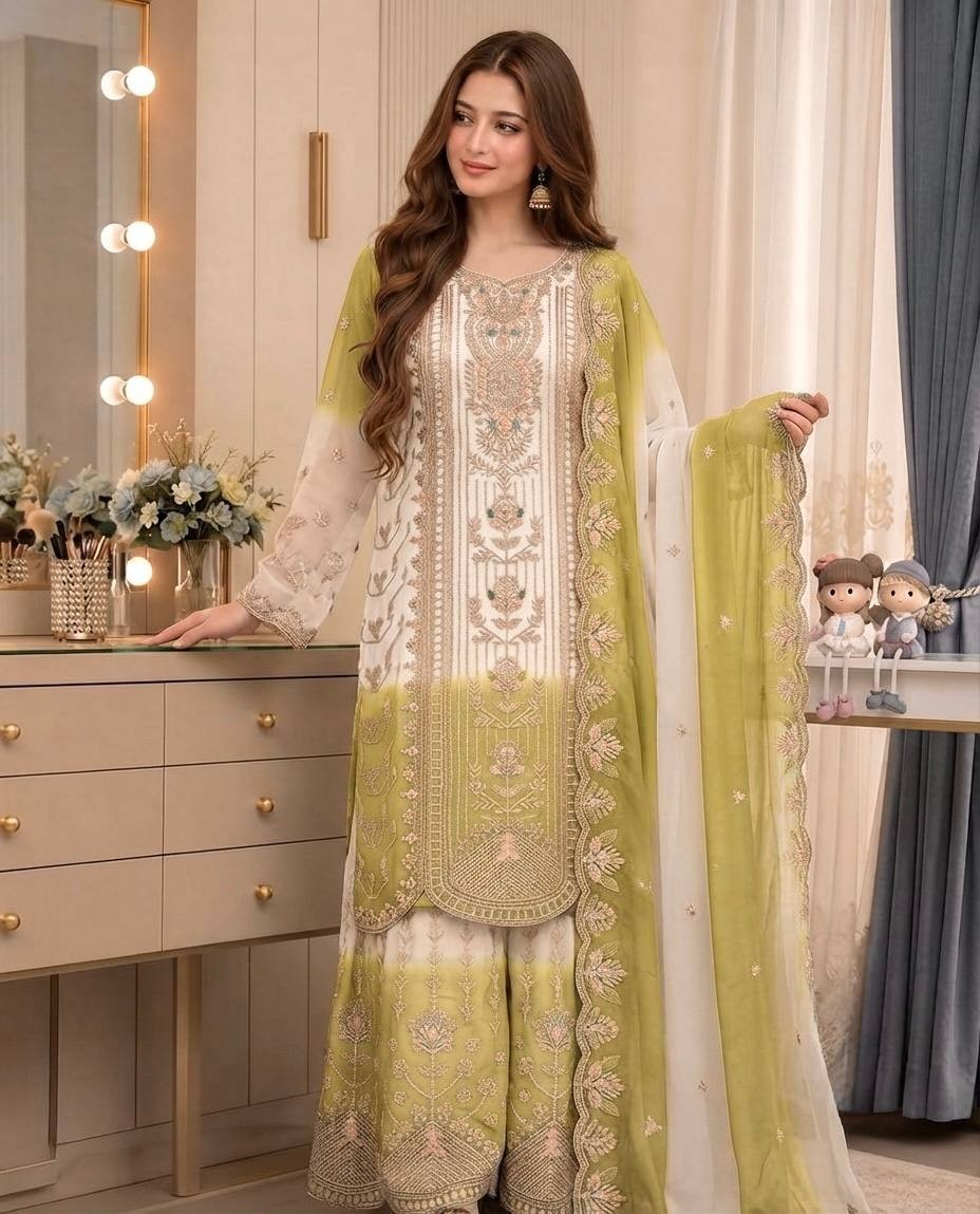 Indian Look Star Georgette Kurta Palazzo With White Dupatta For Function Wear