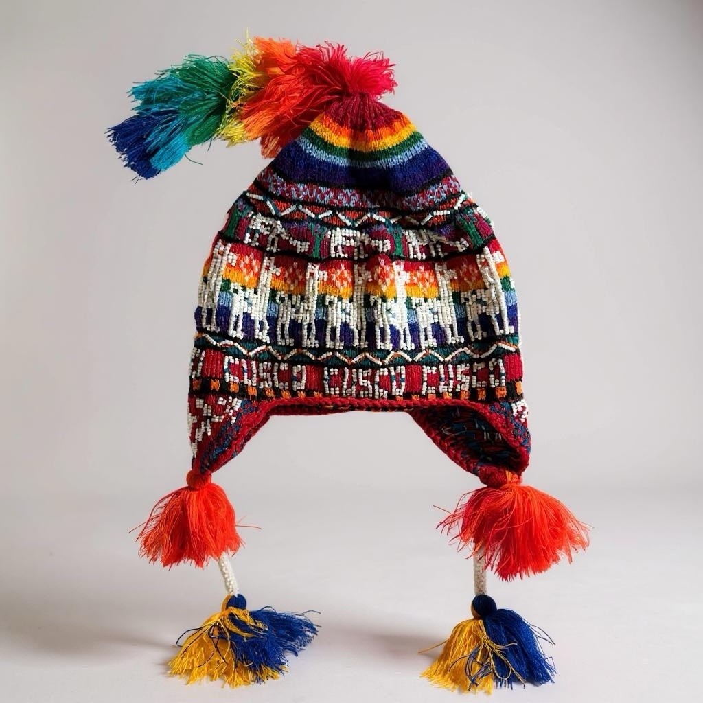 Handmade Artisanal Peruvian Beaded Chullo Hat Rainbow Cusco Colors