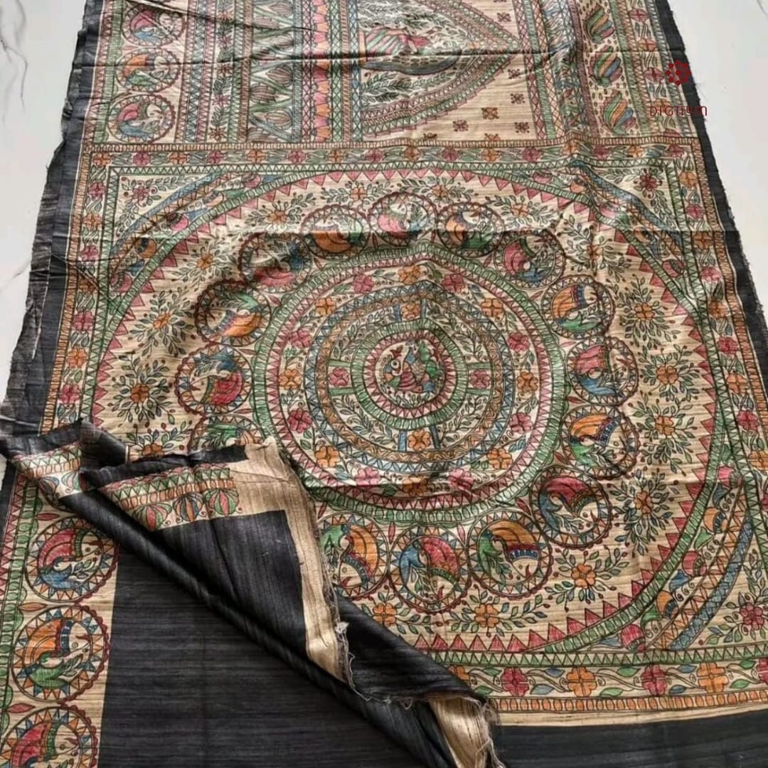 Madhubani Pure Tussar Ghicha Hand Painted Saree