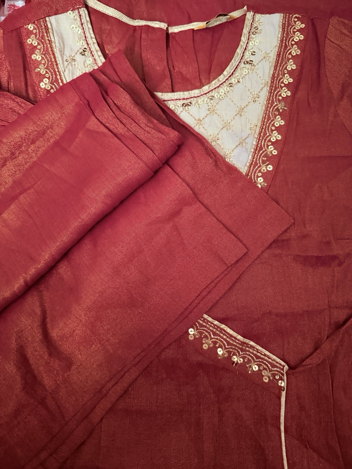 Red zari Embroidered kurta and straight palazzo front and side Slit With Tessels