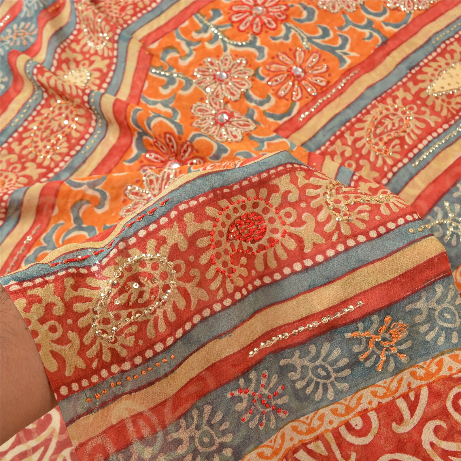 Sanskriti Vintage Bollywood Sarees Pure Georgette Silk Hand Beaded Sari Fabric