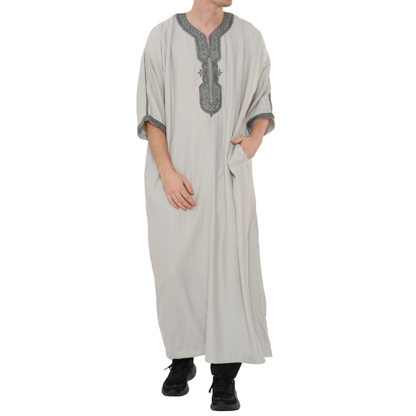 Men’s Grey Moroccan Thobe Half Sleeve Charcoal Embroidery Kaftan Eid Ramadan