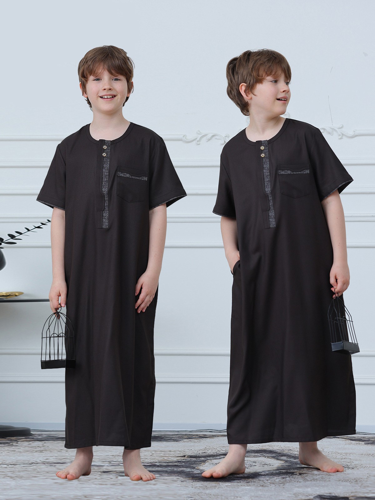 Muslim Boys Short Sleeve Jubba Thobe Embroidered Dress Islamic Abaya Robe Dubai