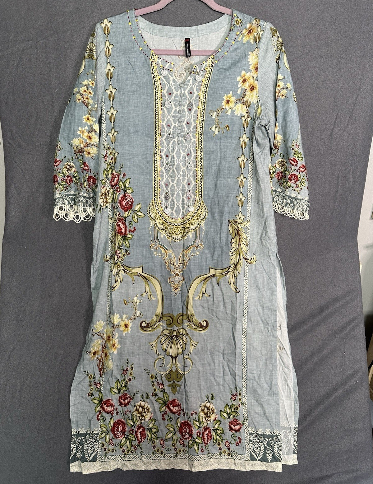 Juniper Women’s L Blue Floral Cotton Kurta/Kurti Lace Trim Buttons