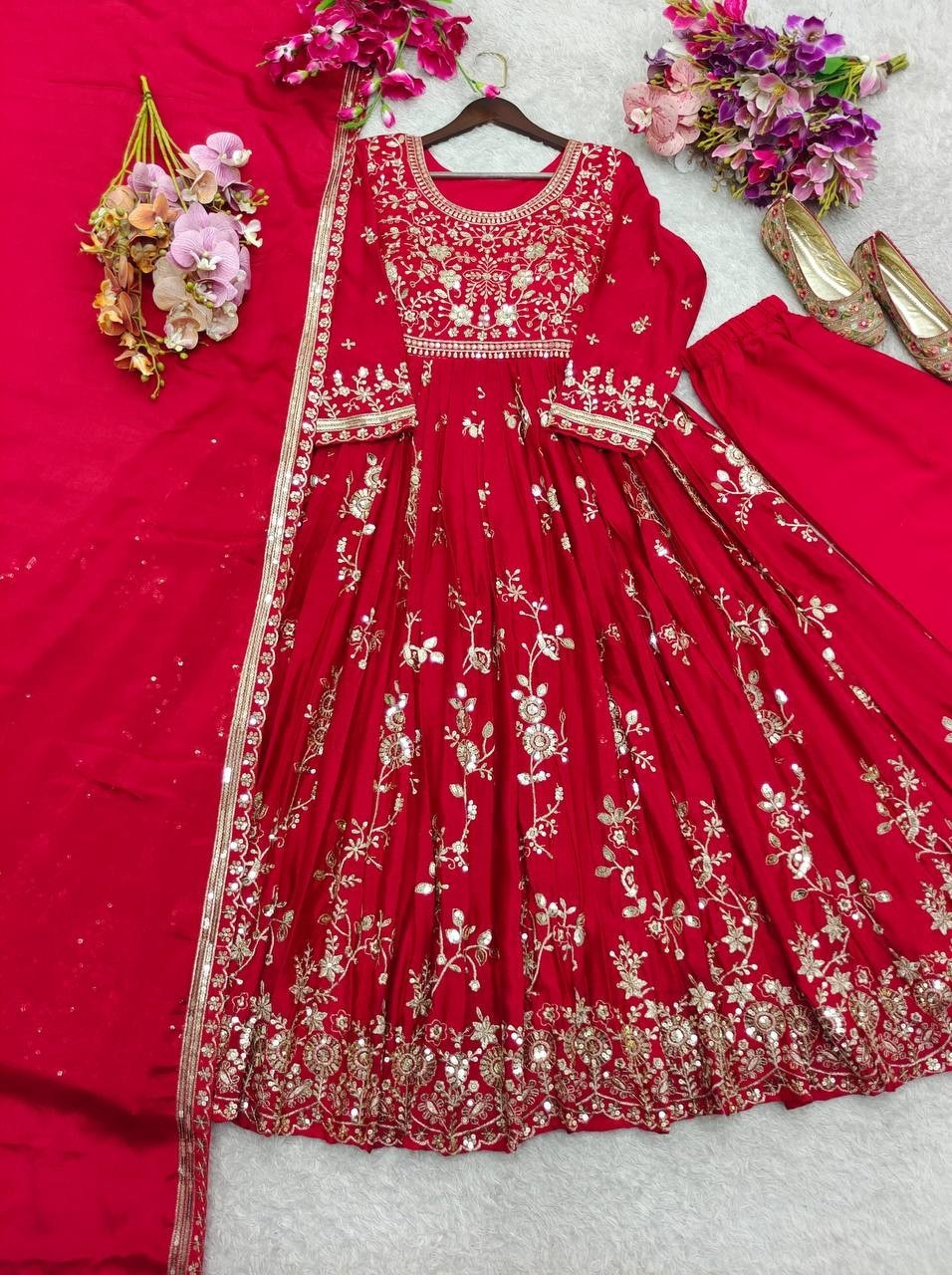 Party Wear Red Faux Georgette Anarkali Suit With Dupatta For Women & Girls