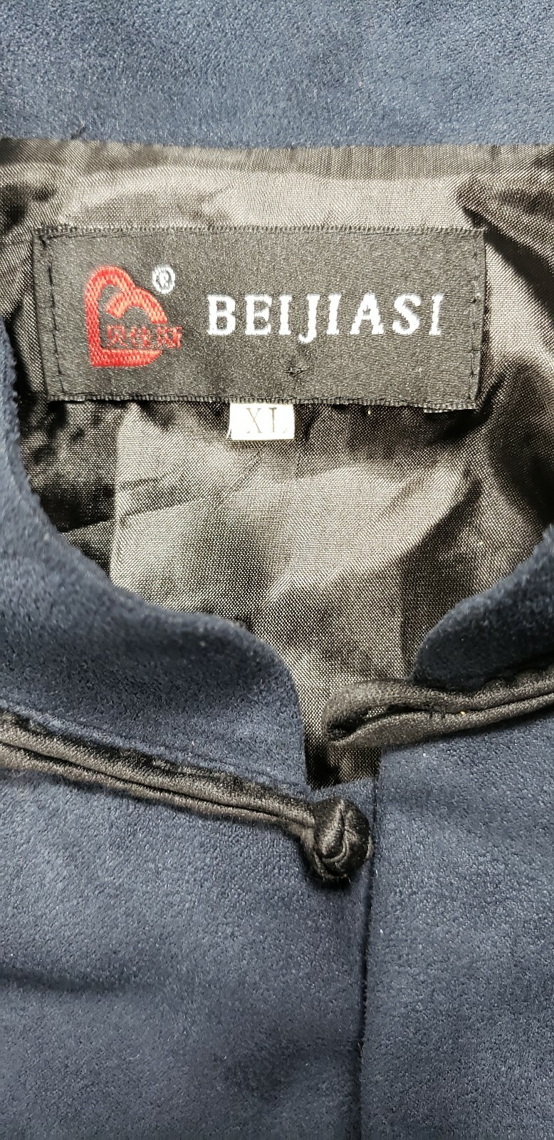 Beijiasi – Navy Blue Microfiber Mandarin Jacket – Heavy Embroidered Dragons – XL