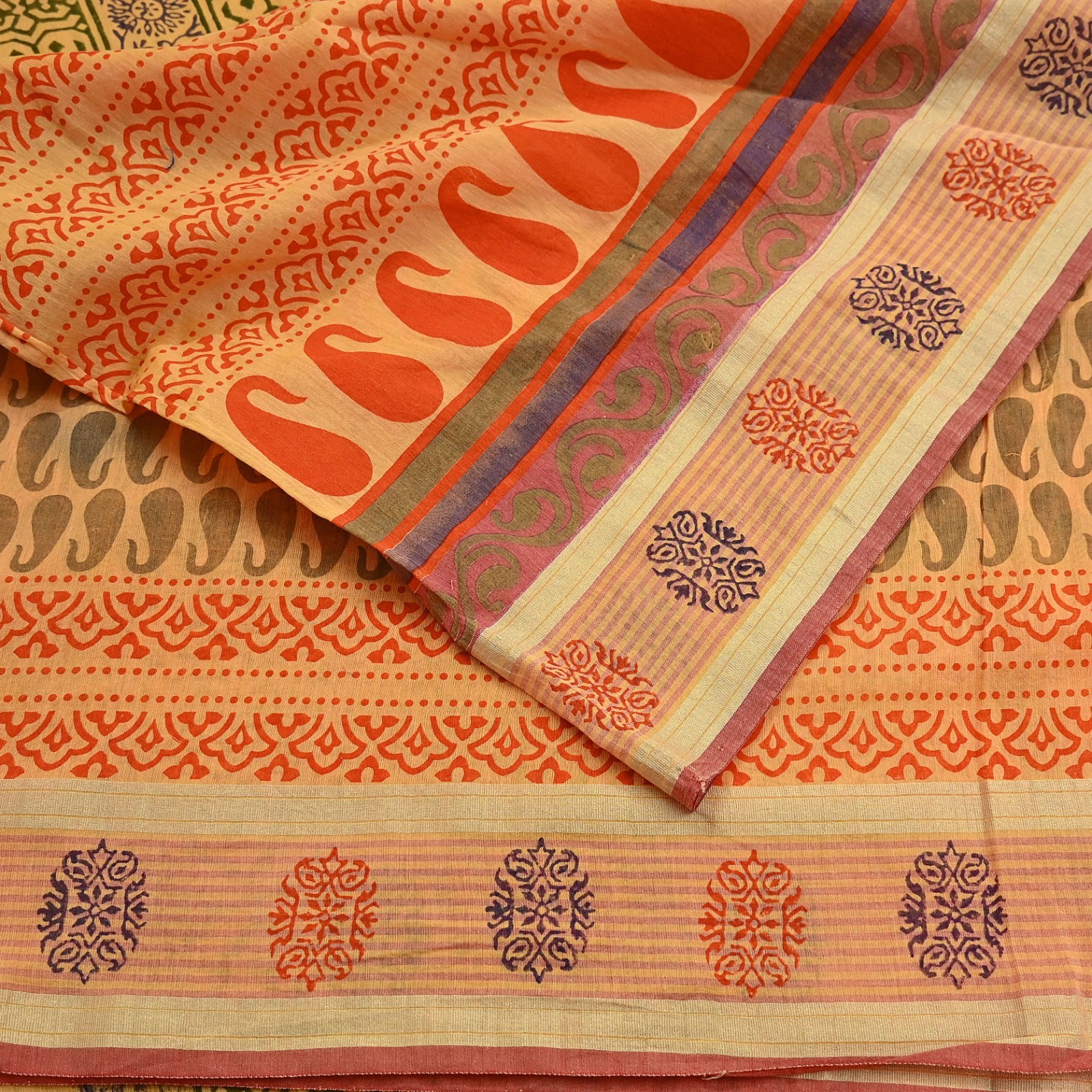 Indian Vintage Yellow Block Printed Pure Chanderi Silk Saree Floral Zari Fabric