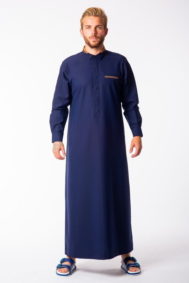 LAWUNG Adult Men’s Thobe Modern Design Blue/Orange Arabian Jubbah LW23018