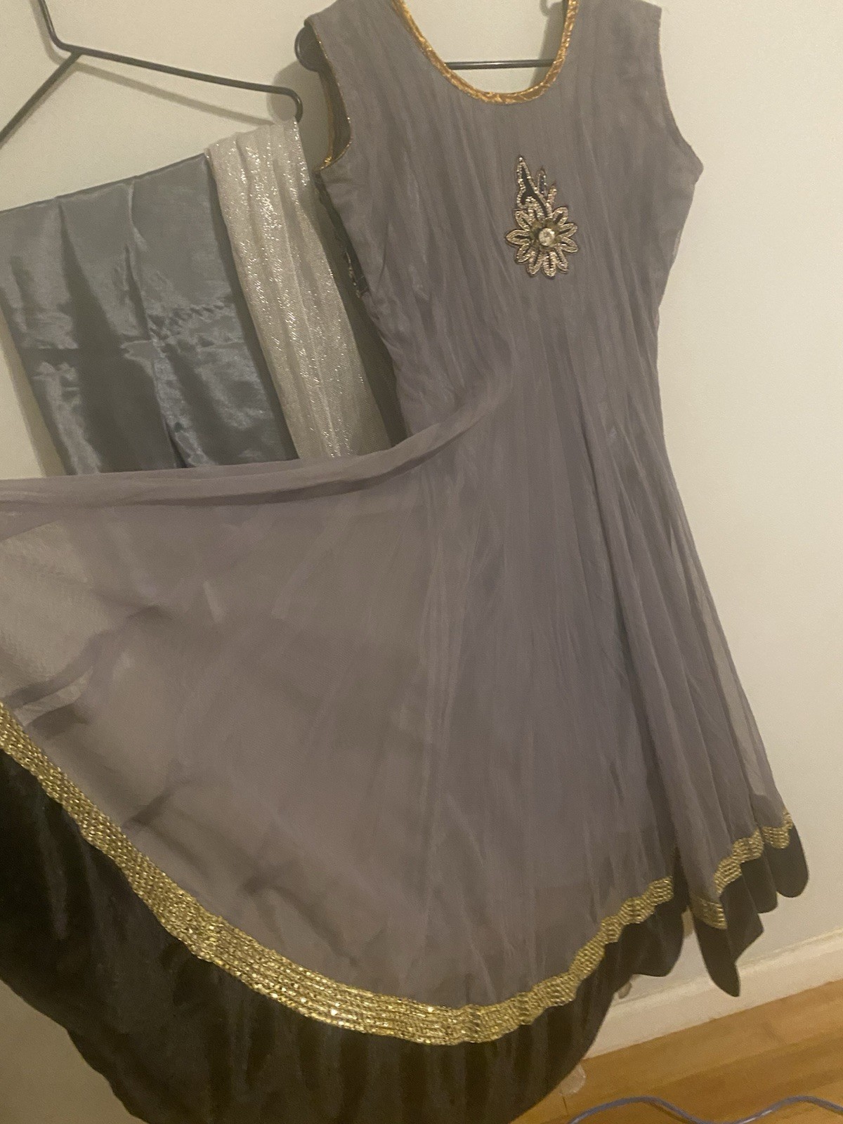 Indian Women Gray Black Anarkali dress Net , velvet, sequin, patches