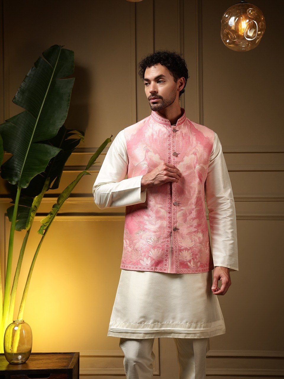Mens Indian Kurta Pajama Koti Set Silk Embroidered Wedding Party Ethnic Wear