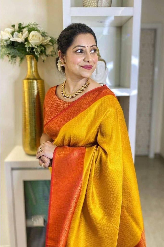 Traditional Yellow Lichi Silk Saree with Jacquard Zari Border and Blouse indian
