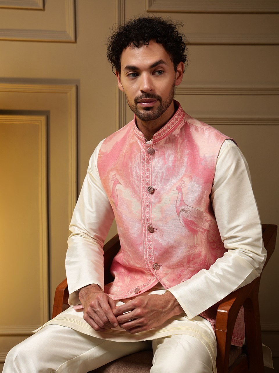 Mens Indian Kurta Pajama Koti Set Silk Embroidered Wedding Party Ethnic Wear