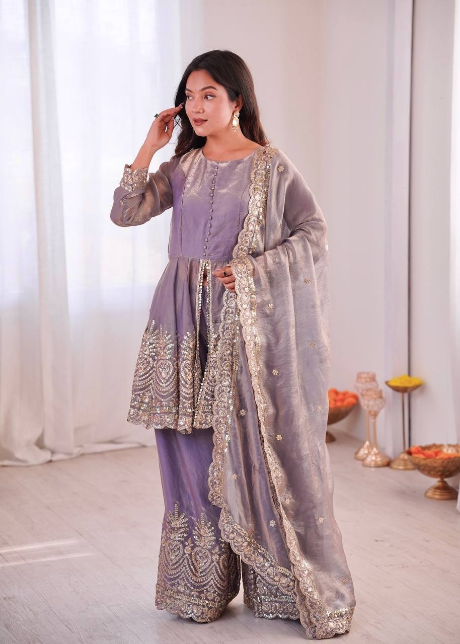 Dusty Lilac Palazzo Suit Set Real Mirror Embroidered Peplum Tunic Trouser Pair