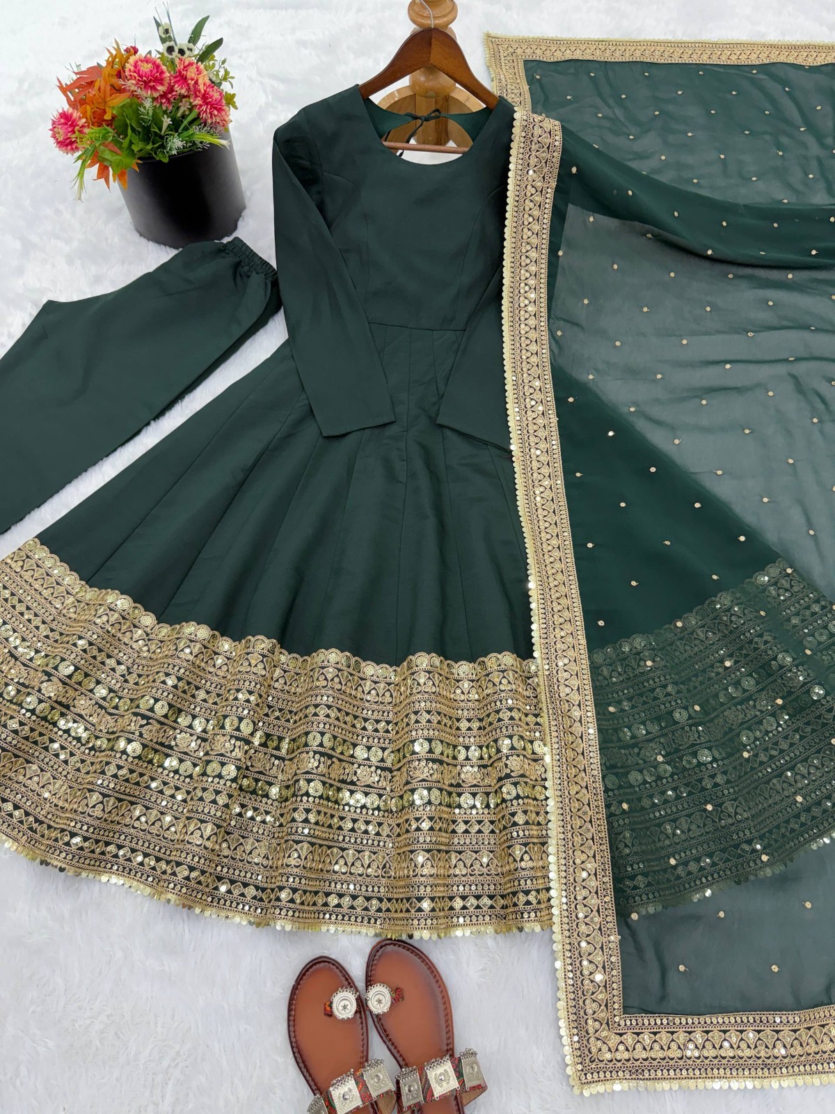 Heavy Roman Silk Green Gown Bottom With Dupatta For Function & Festival Wear