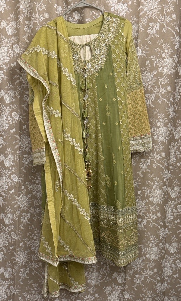Green and Gold Embroidered Pakistani Salwar Kameez with Floral Cream Pants