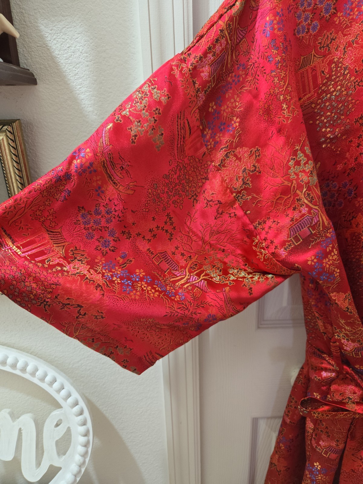 Double Peach Long Heavy Silk Red Gold Jacquard Oriental Kimono Robe Belt O/S