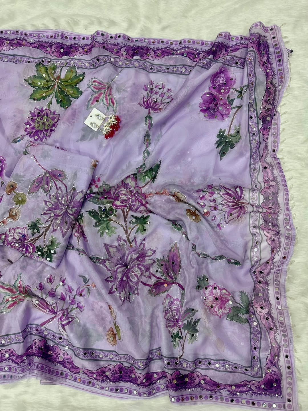 digital print sequence embroidery original mirror work soft silk saree & blouse