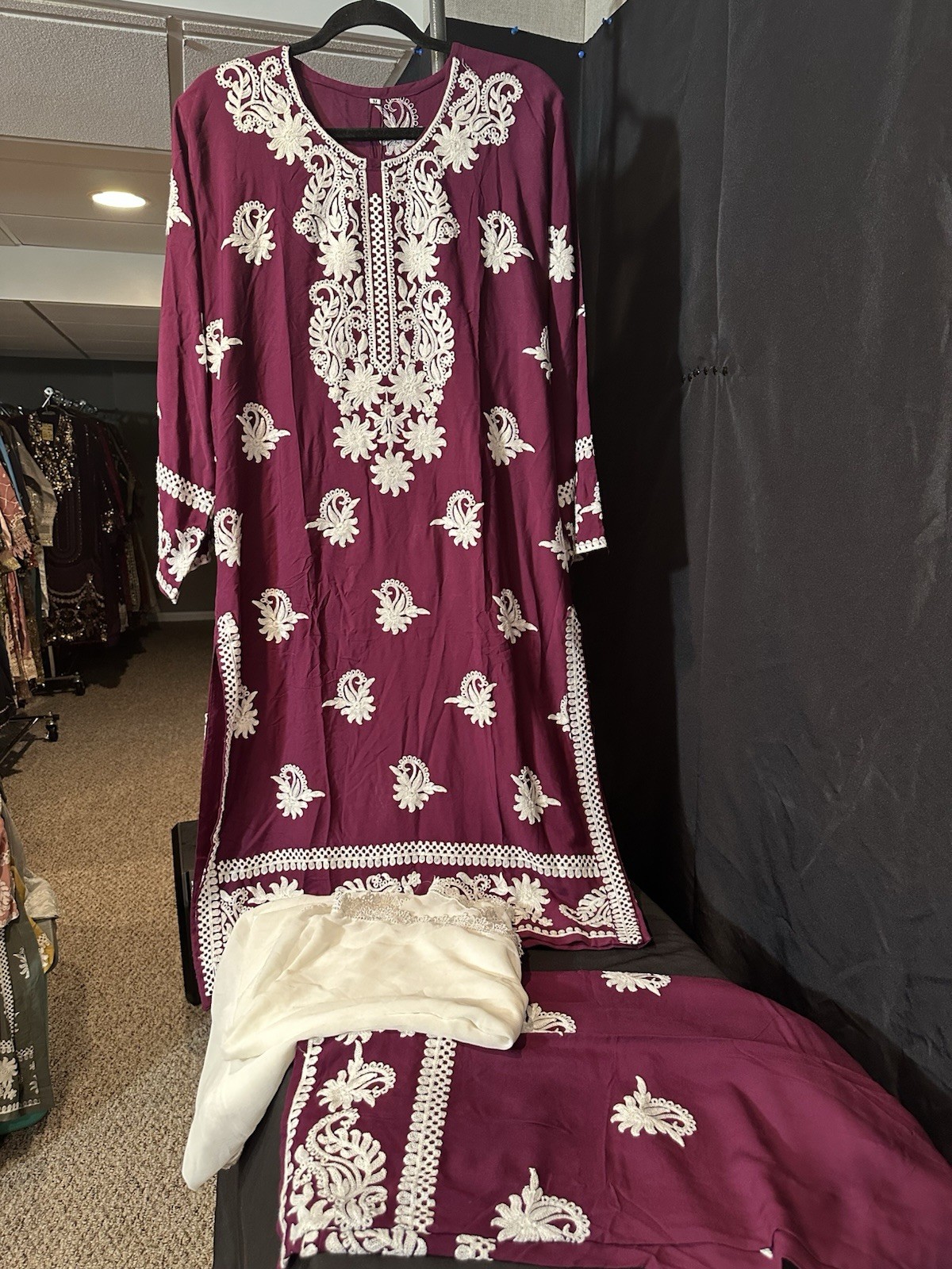 Beautiful soft linen Front & back emb-3 pc suit-emb plazo, laced dupatta-$44