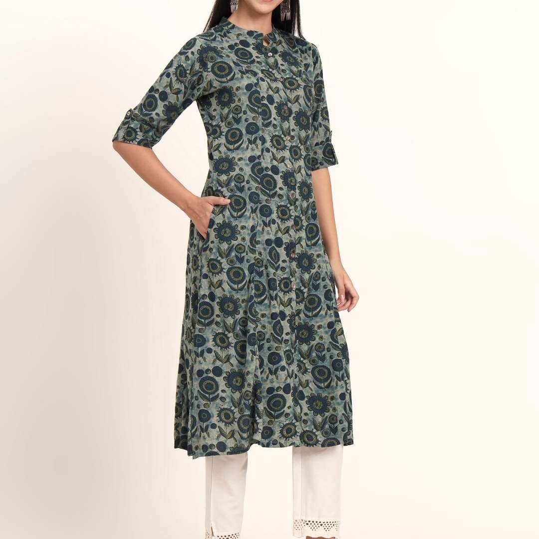 Plus Size Grey Floral Rayon A-Line Kurta Women Ethnic Tunic Top Indian Wear