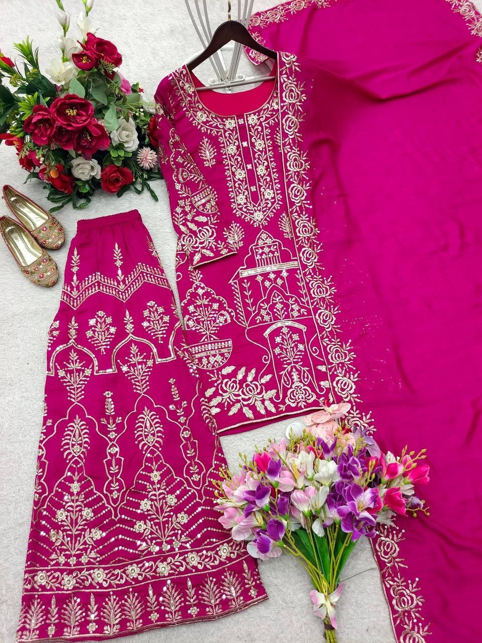 New Designer Vichitra Silk Pink Top Palazzo With Dupatta For Indian Wedding Wear