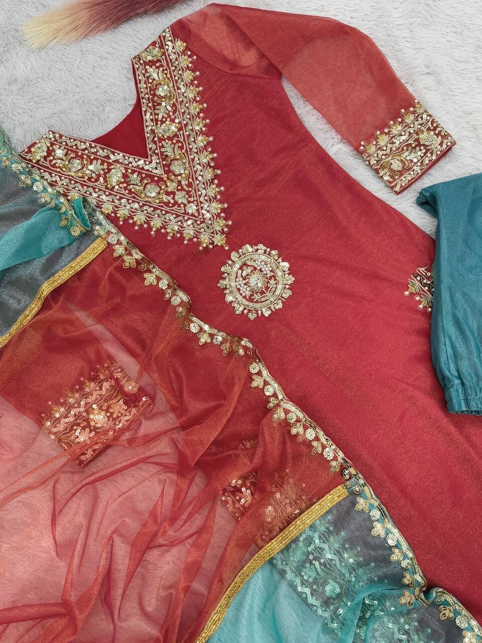 New Designer Red Twill Net Silk Kurta Palazzo With Dupatta For Party