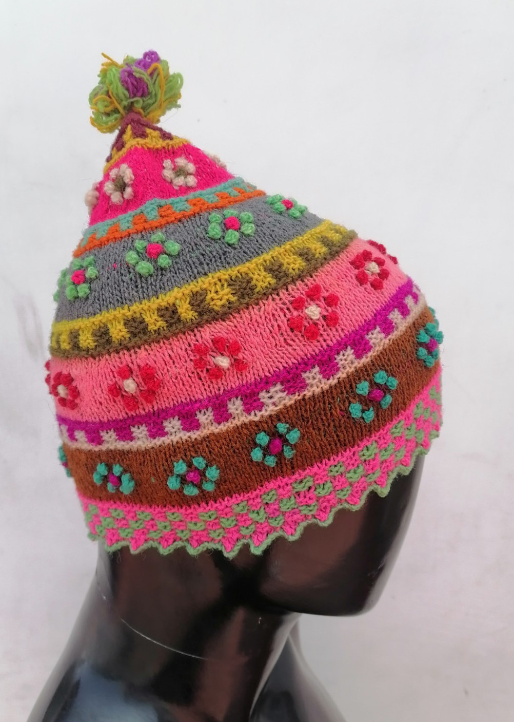 Unisex Chullo Knitted Sheep Wool Multicolored Flowers Cusco