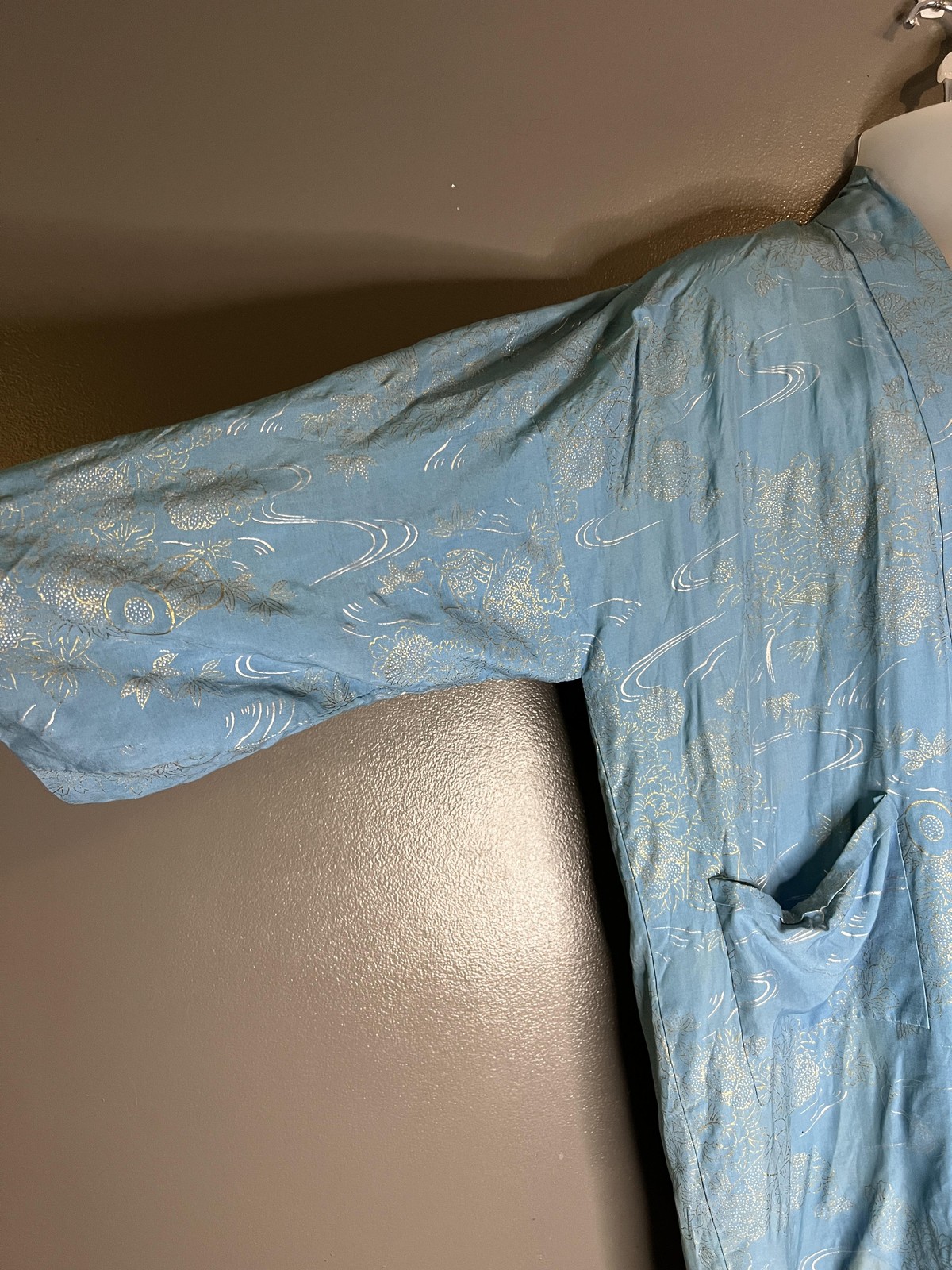 Kimono Robe Womens One Size Blue Gold Floral Print Satin Open Front Long Sleeve