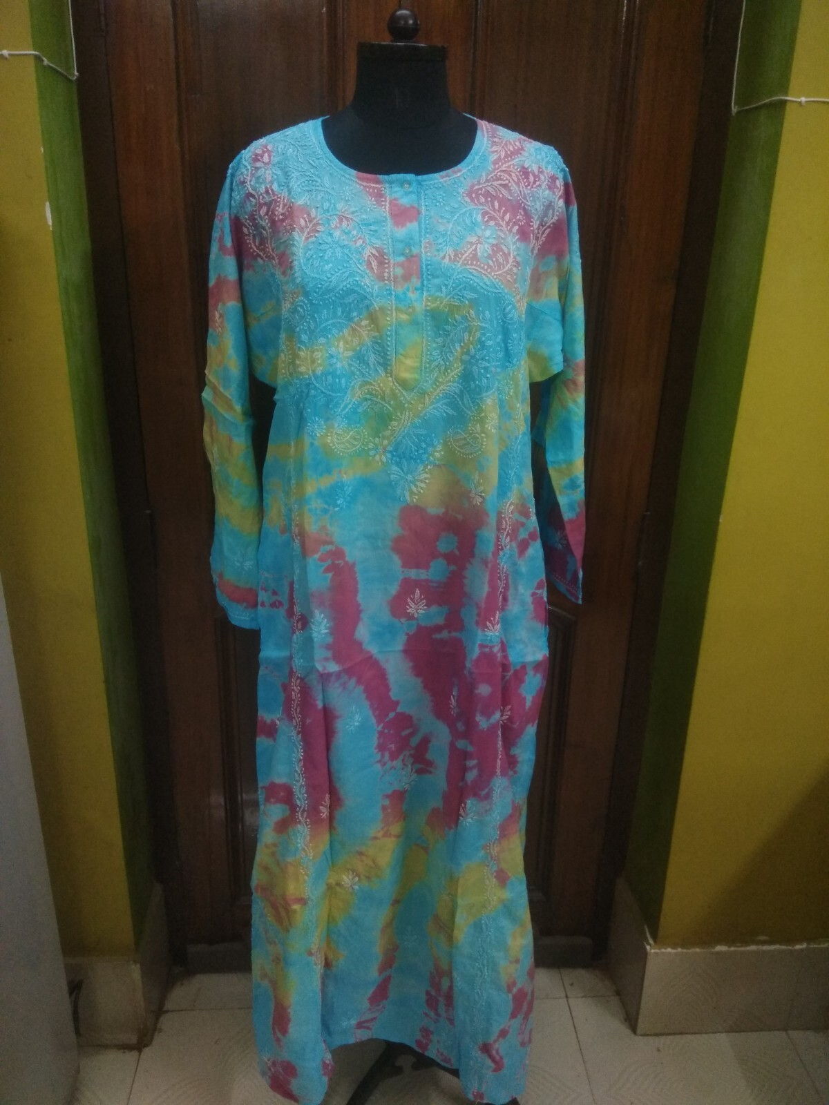 4XL 7XL ETHNIC TIE DYE MAXI HANDMADE 100% COTTON TOP KURTI CHIKAN EMBROIDERY