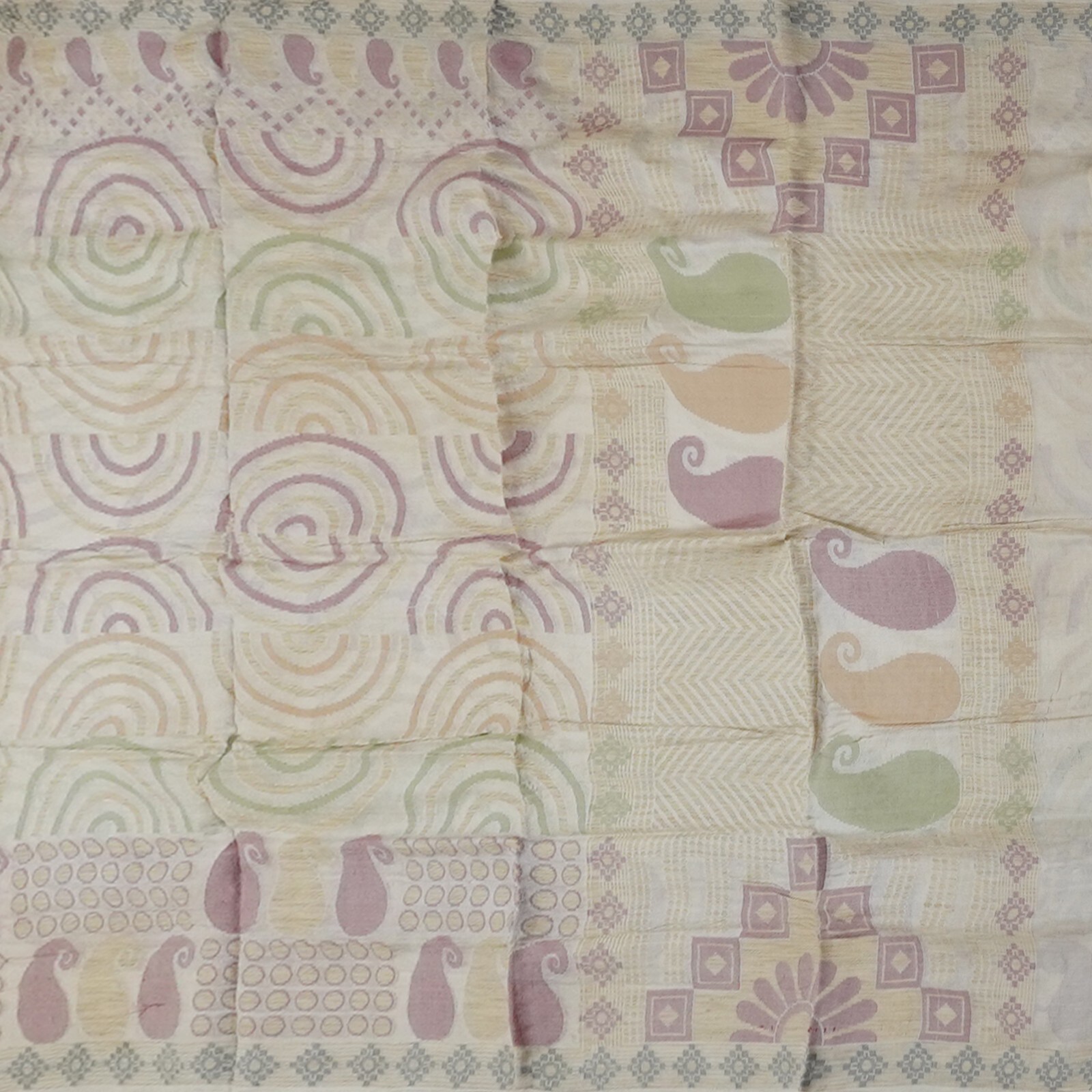 Vintage Off-White Sarees 100% Pure Silk Paisley Woven Sari 5YD Craft Fabric