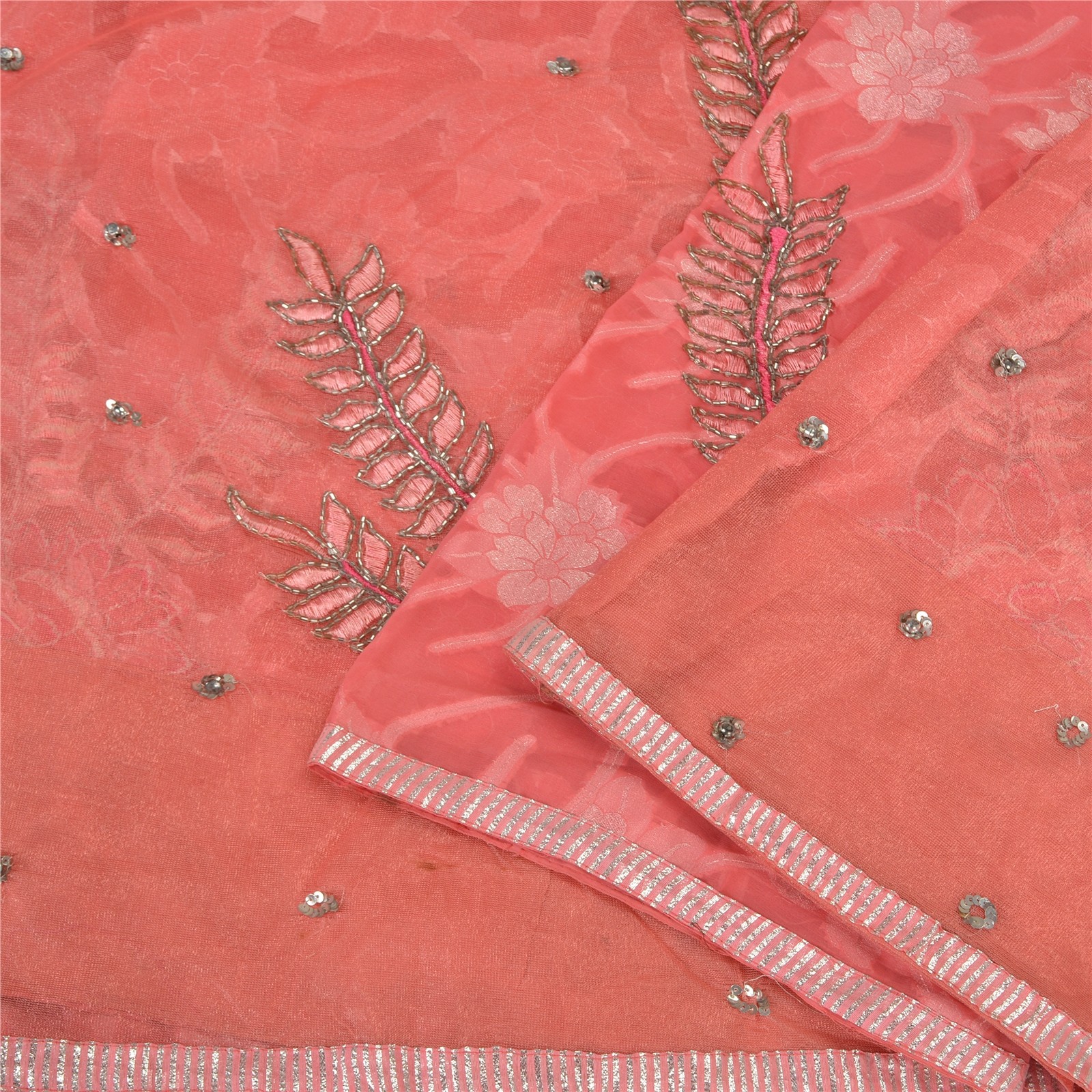 Sanskriti Vintage Pink Indian Sarees Net Mesh Hand Beaded Ethnic Sari Fabric