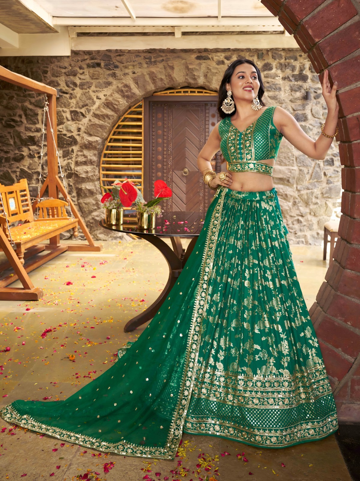 New Rama Green Dola Silk Jacquard Lehenga Choli And Dupatta For Indian Reception