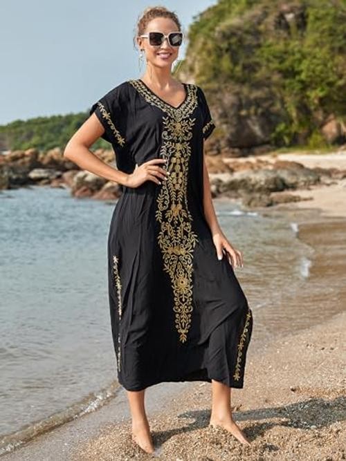 Women Kaftan V Neck Casual Bathing Suit Kimono Sleeve Side One Size Black 03