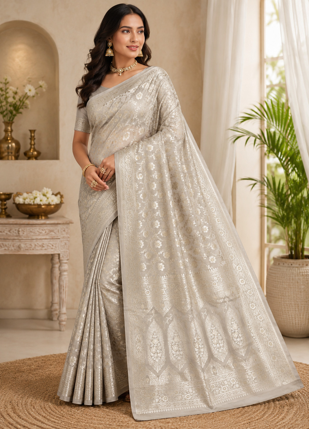 Pure Katan Silk Banarasi Saree, Pearl Grey Handwoven Silver Zari Wedding Bridal