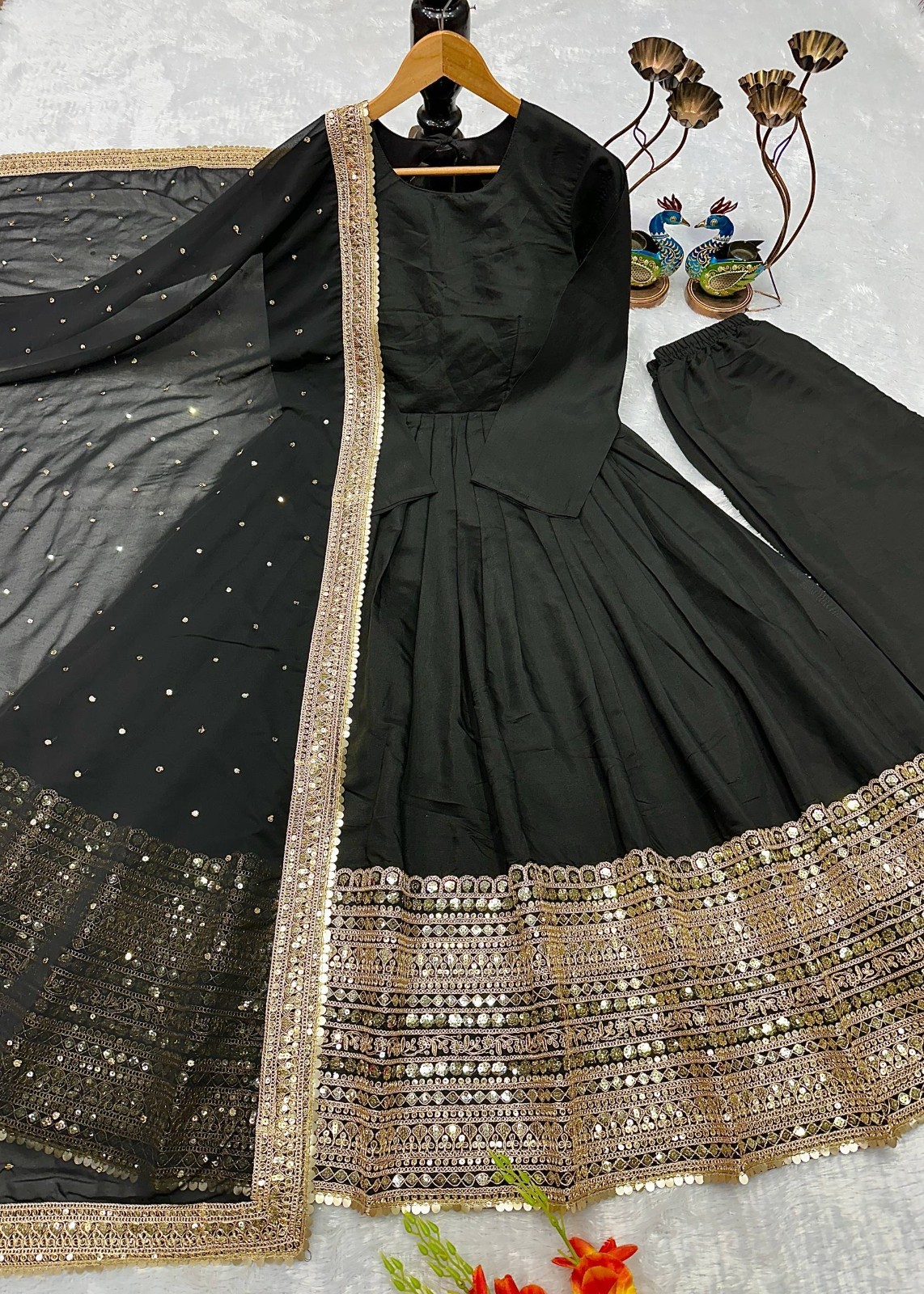 New Heavy Roman Silk Black Gown Bottom With Dupatta For Women Festival Wear