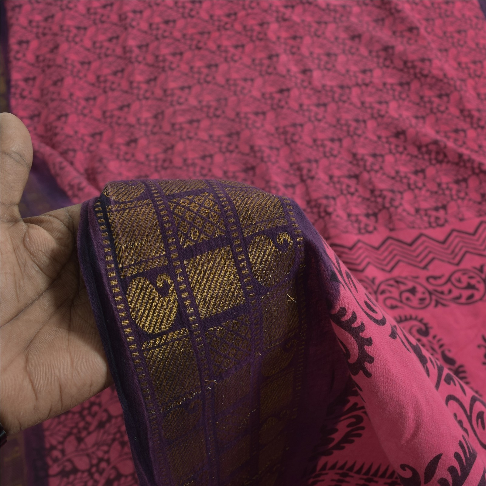 Sanskriti Vintage Sarees Pink & Black Block Print Zari Pure Cotton Sari Fabric