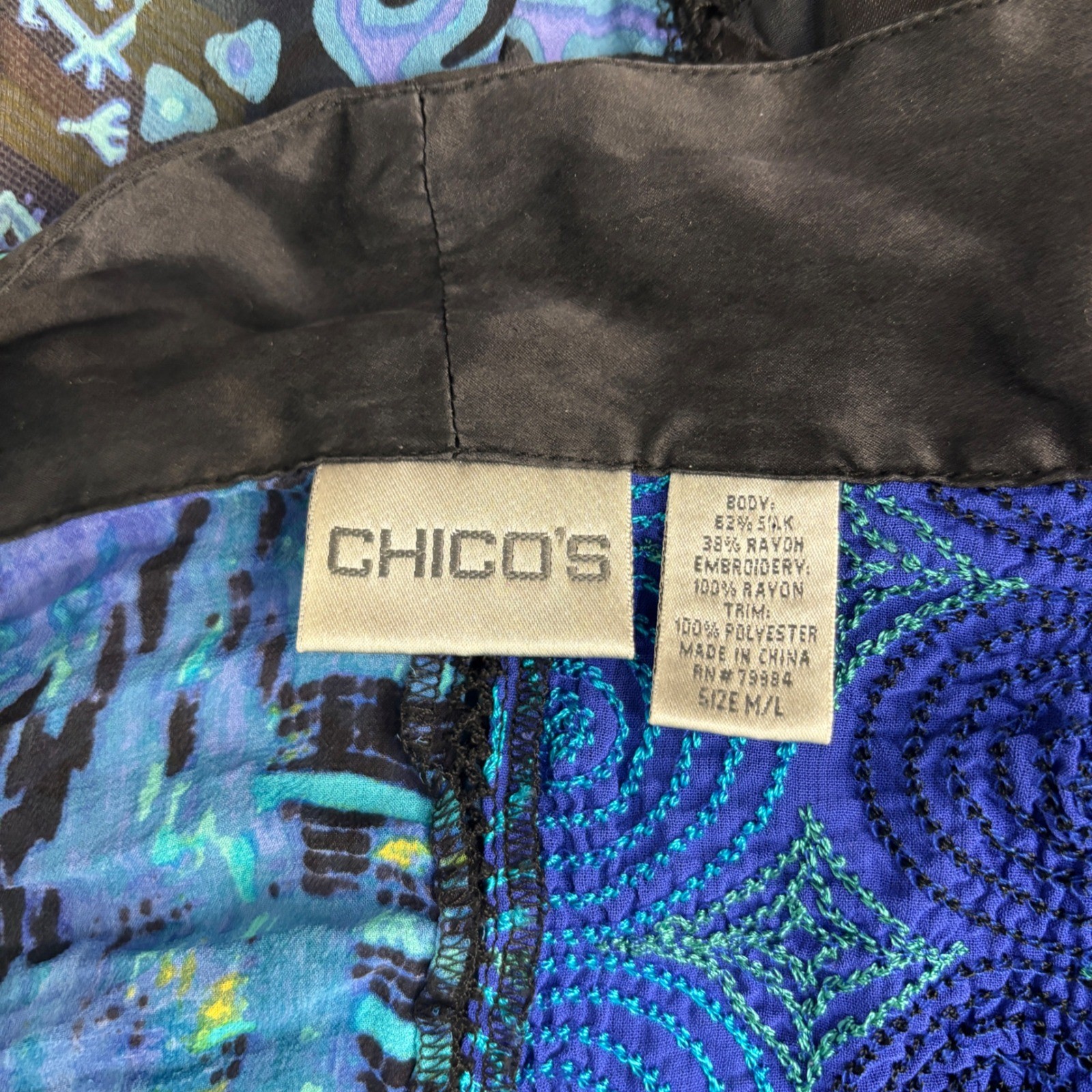 Chico’s Kimono Jacket Womens M/L Blue Patchwork Silk Blend Coastal Chic Boho Art