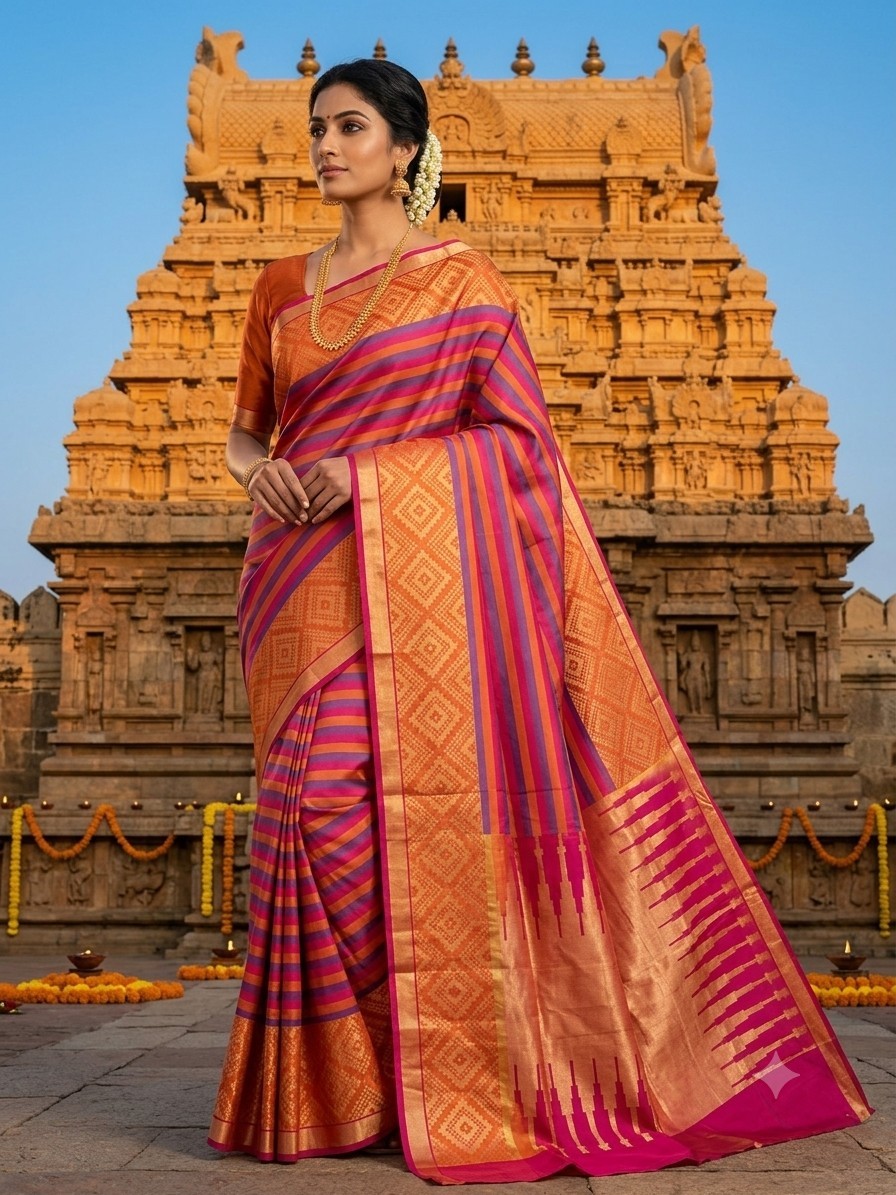 Pure Silk Kanjivaram Saree Striped South Indian Handloom Zari Border Pink Orange