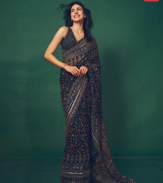 Women’s Navy Blue Georgette Silk Printed Saree with Sequins & Diamond Work
