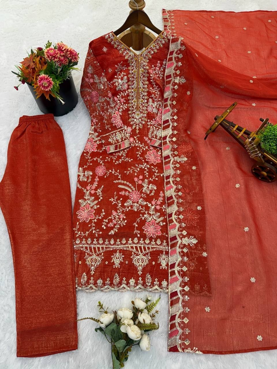 New Launch Orange Crunchy Silk Salwar Kameez With Dupatta For Function Wear