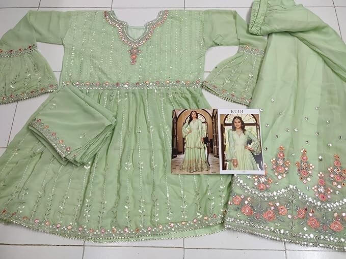 Mint Green & Pink Embroidered Sharara Set – Ethnic Wear