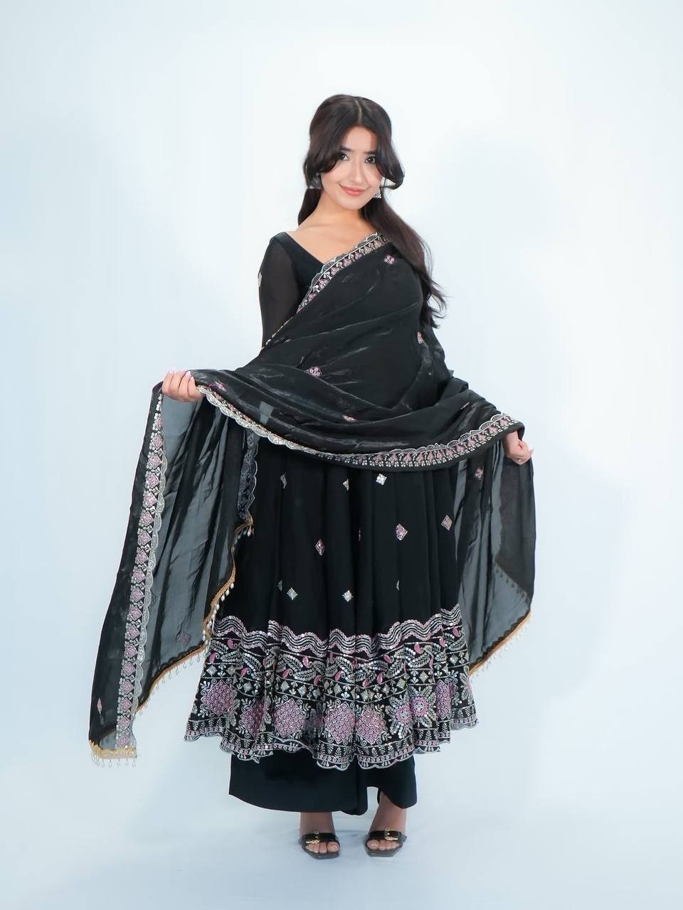 Bollywood Style Black Heavy Silk Palazzo Suit With Dupatta For Party Wear