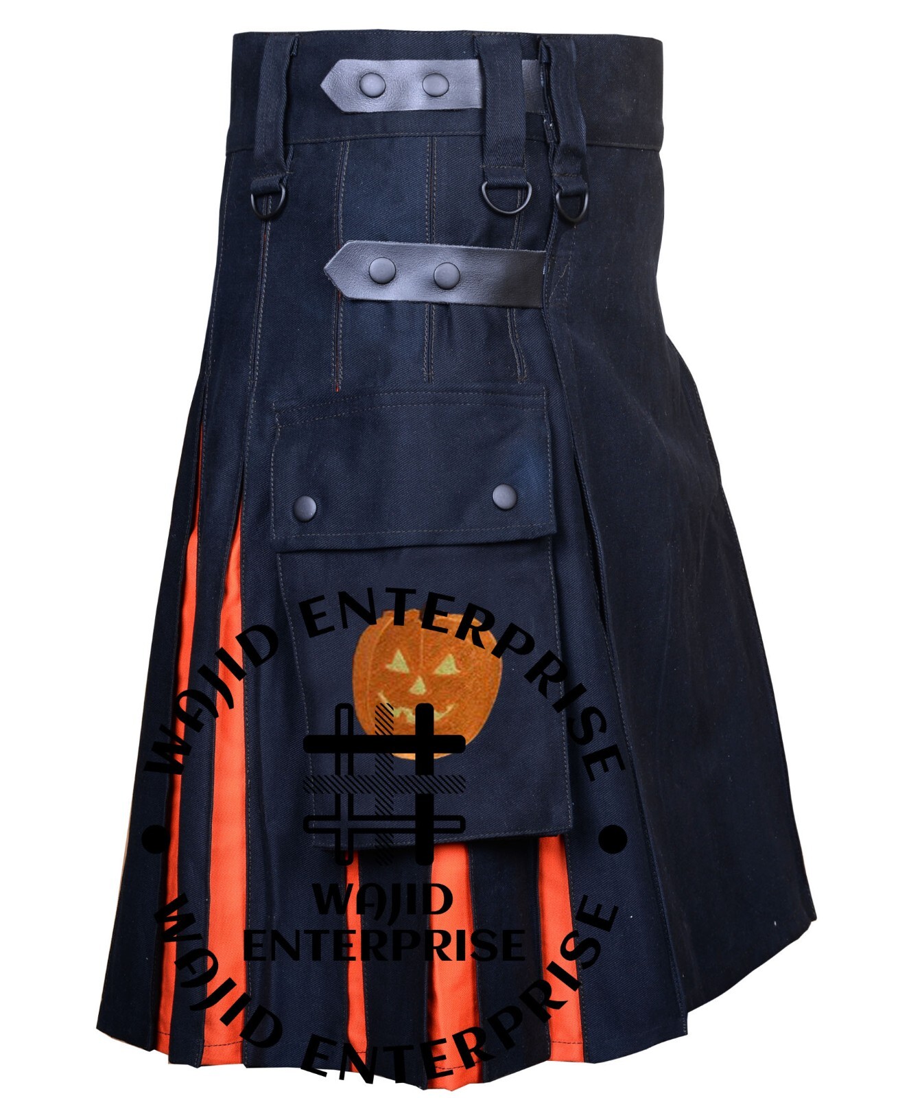 Scottish Handmade Black Orange Hybrid Utility kilt Halloween Pumpkin Embroidery