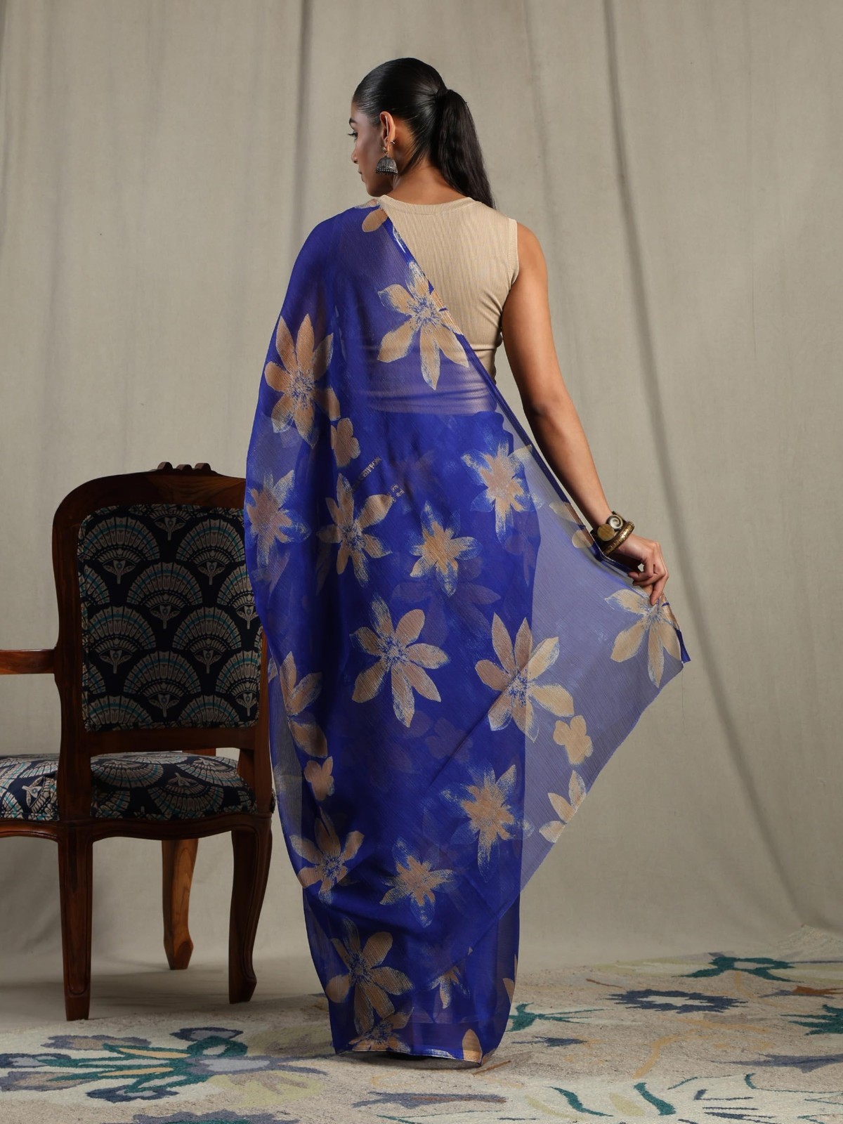 Women’s Floral Print Chiffon Saree Indian Bollywood Designer Festive Party Wear