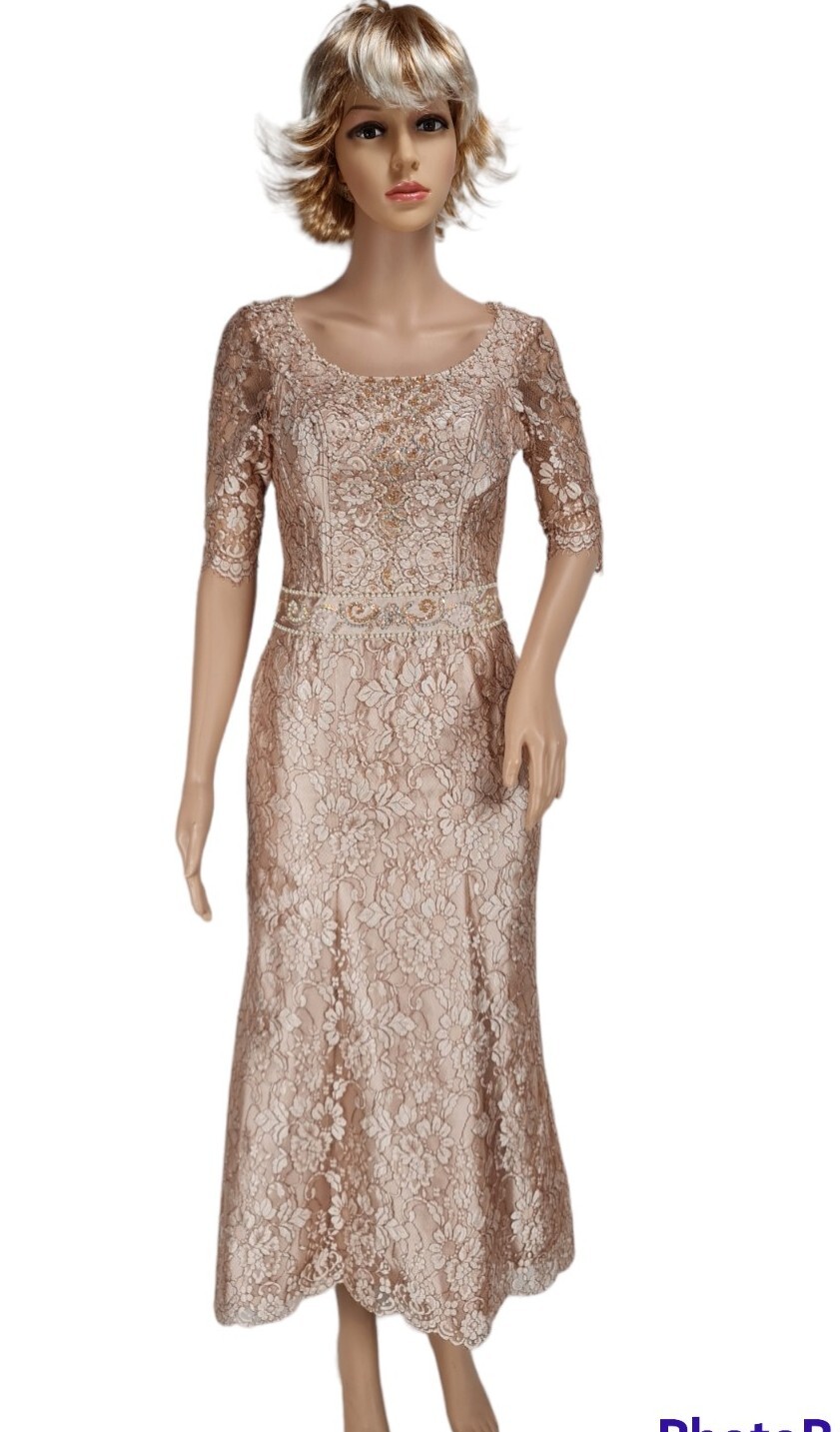 Cambodia Maxi Dress Beige Floral Lace 3/4 Sleeve Crew Neck Women Size S
