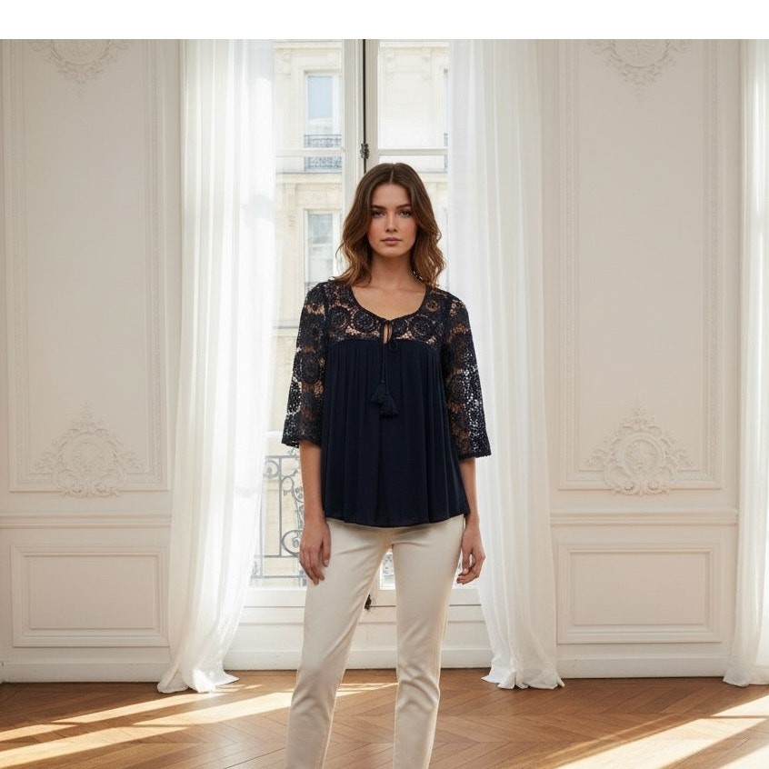 Altar’d State Navy Peasant Blouse with Lace Small