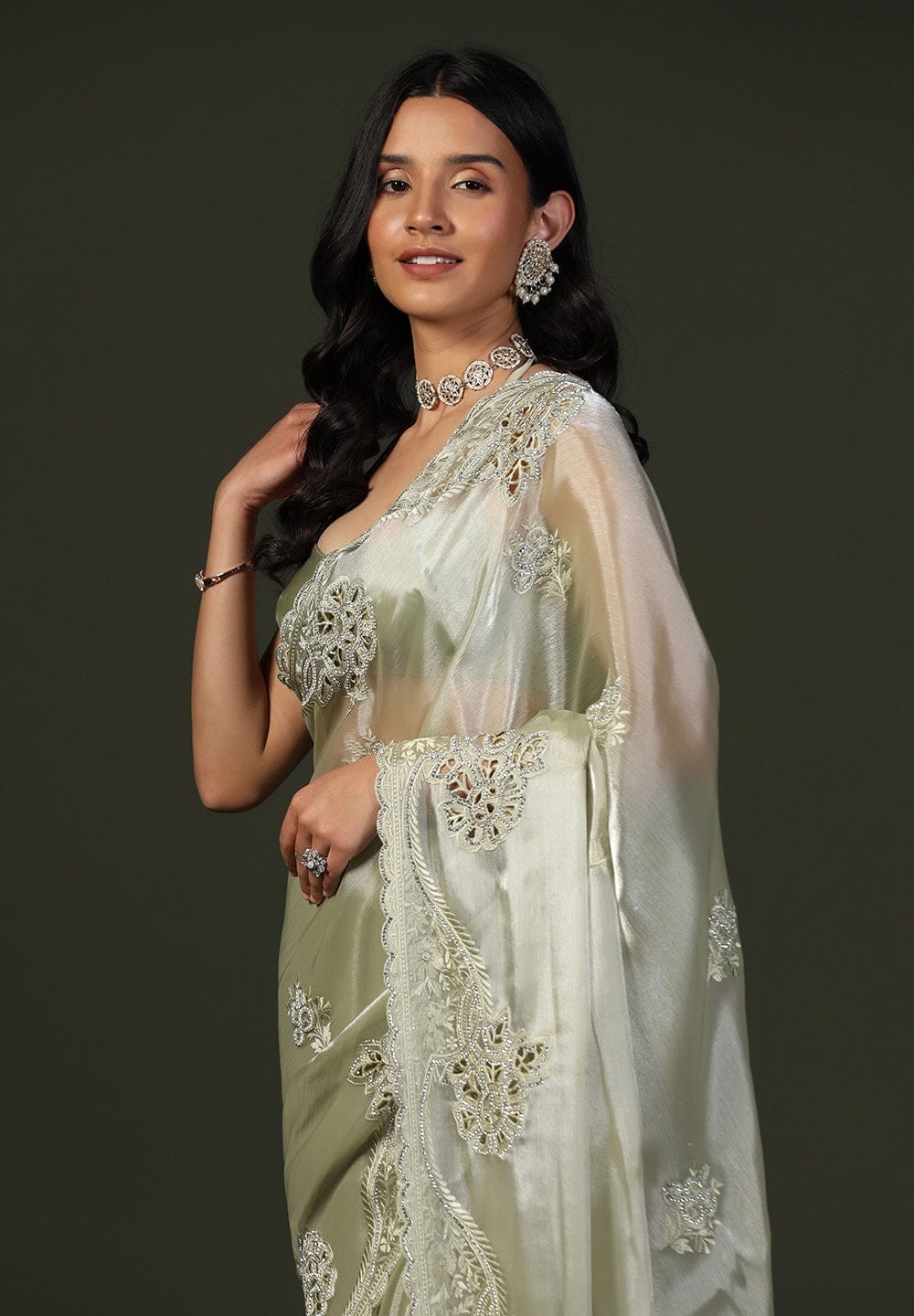 Soft Shiny Chiffon Silk Saree with Designer Thread C Pallu & Cutwork Border